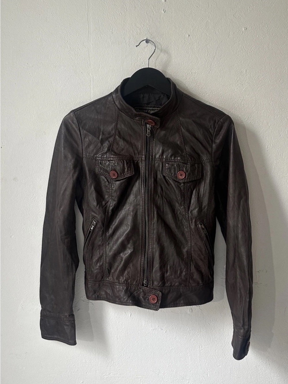 Massimo Leather Brown Moto Jacket Italian Lamb Leather Full Zip Size 42